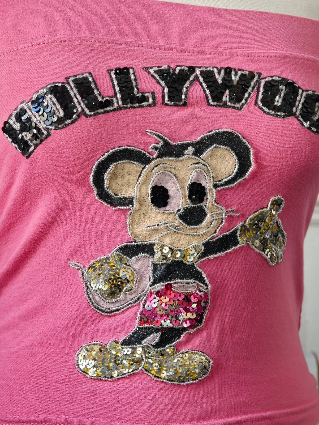 Hollywood Pink Sequin Tube Top Y2K Strapless Bandeau size s