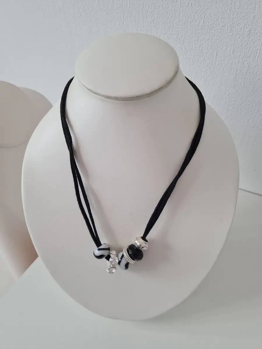 Silver tone clear beaded black white glass corded necklace