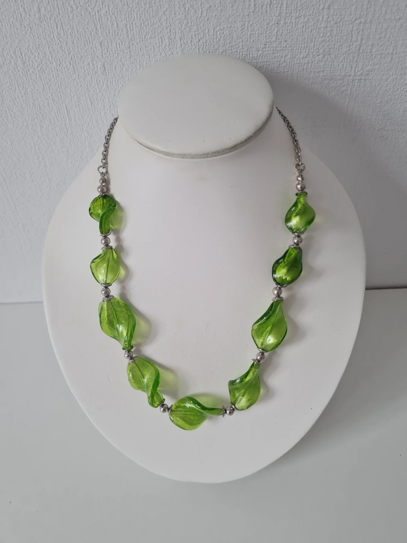 Silver tone Green foil inside beaded necklace