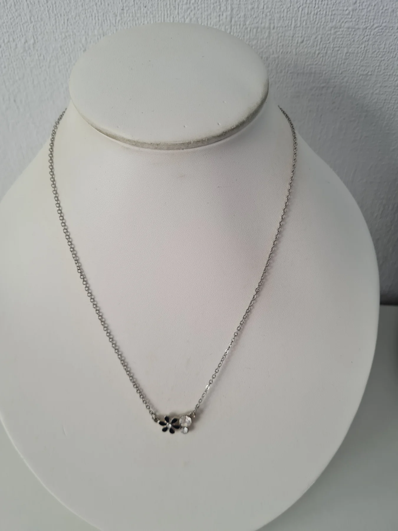 Silver tone Rhinestone Black Enamel flower necklace