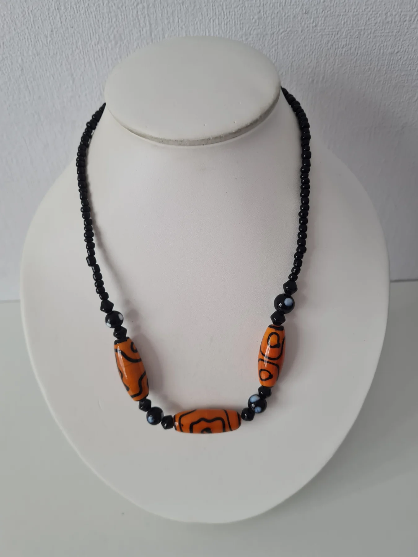 Black White  Orange Ceramic and small beaded necklace