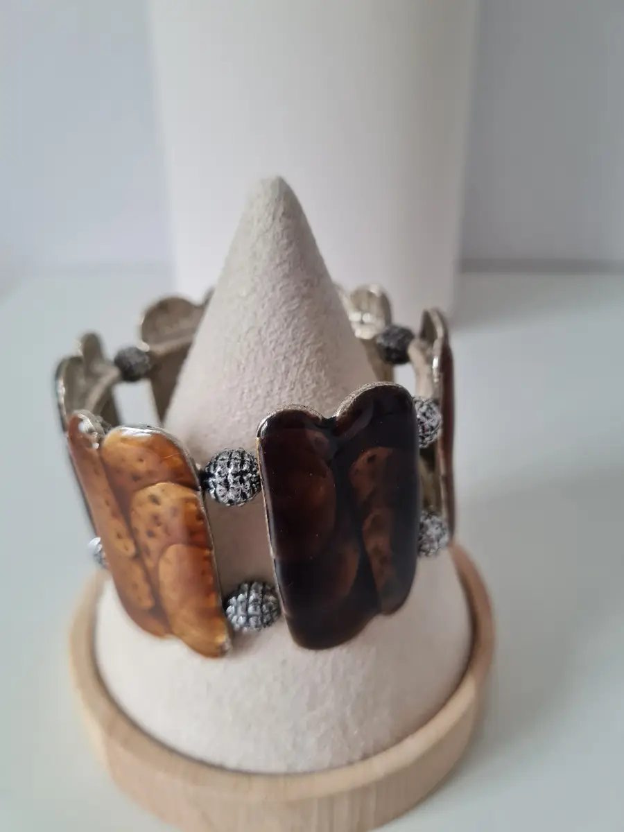 Silver tone Brown Tan Resin Coated bracelet