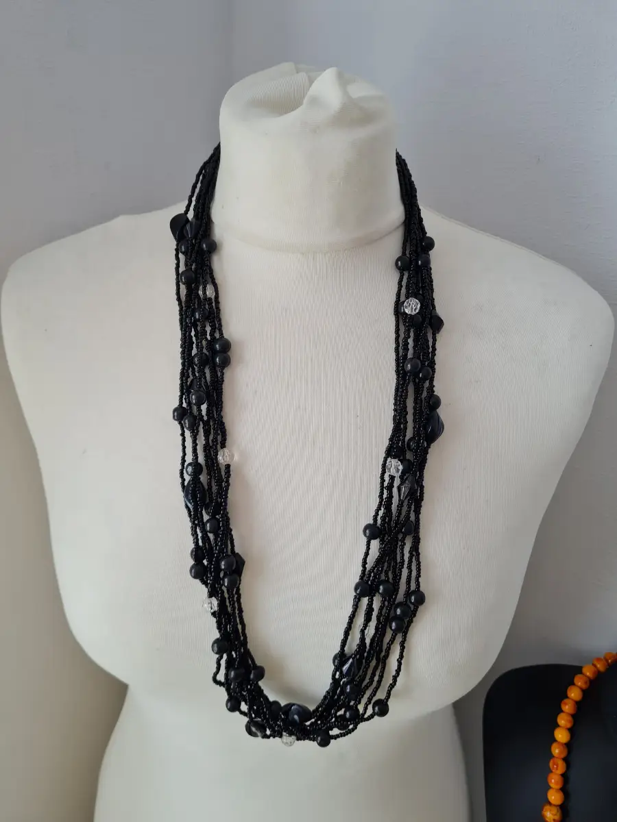 Multistrand Black seed beaded clear black white mix necklace
