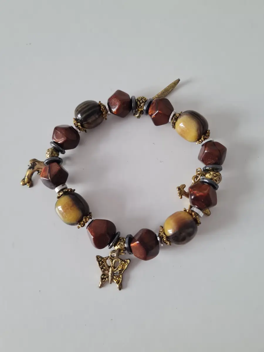 Gold tone Brown Beaded charm bracelet