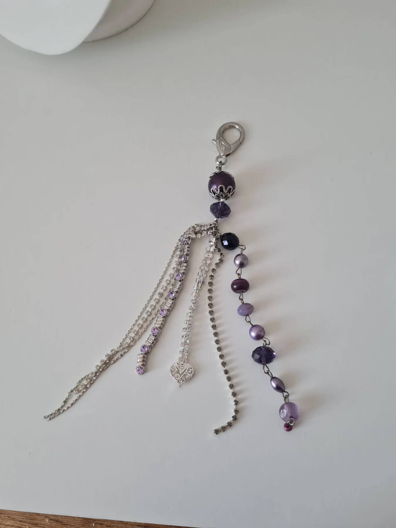 Silver tone Purple beaded bag tag Keyring