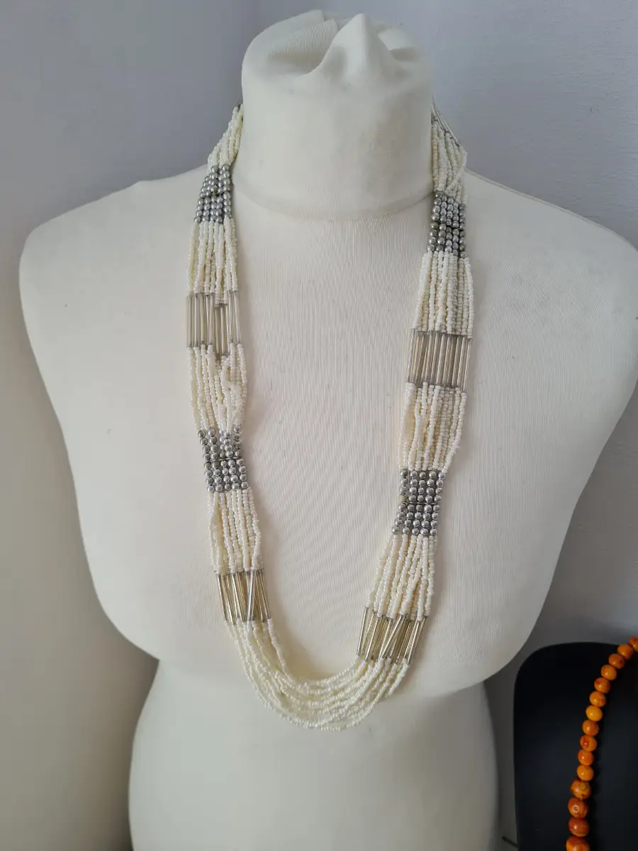Multistrand Seed beaded white clear tube silver tone  necklace