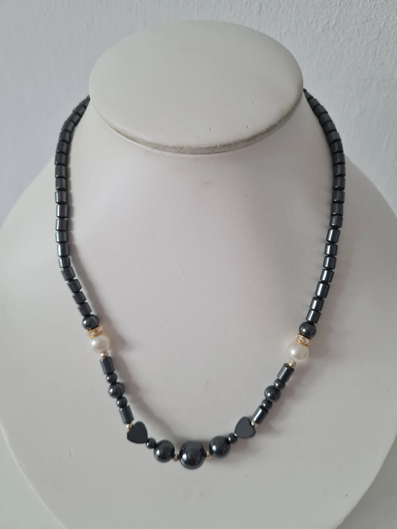 Gold tone Grey Hematite faux pearl necklace