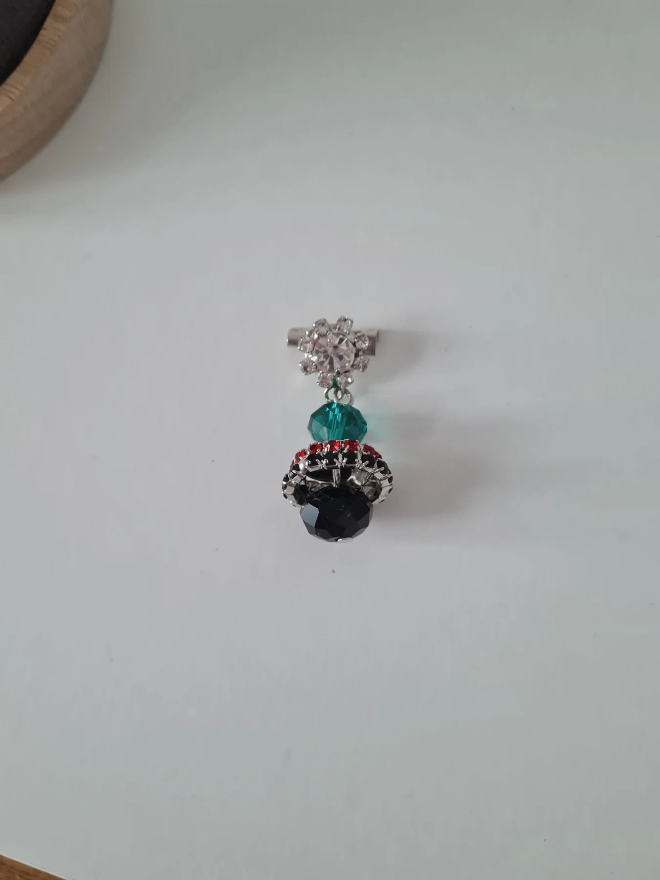Rhinestone black red green clear silver tone brooch