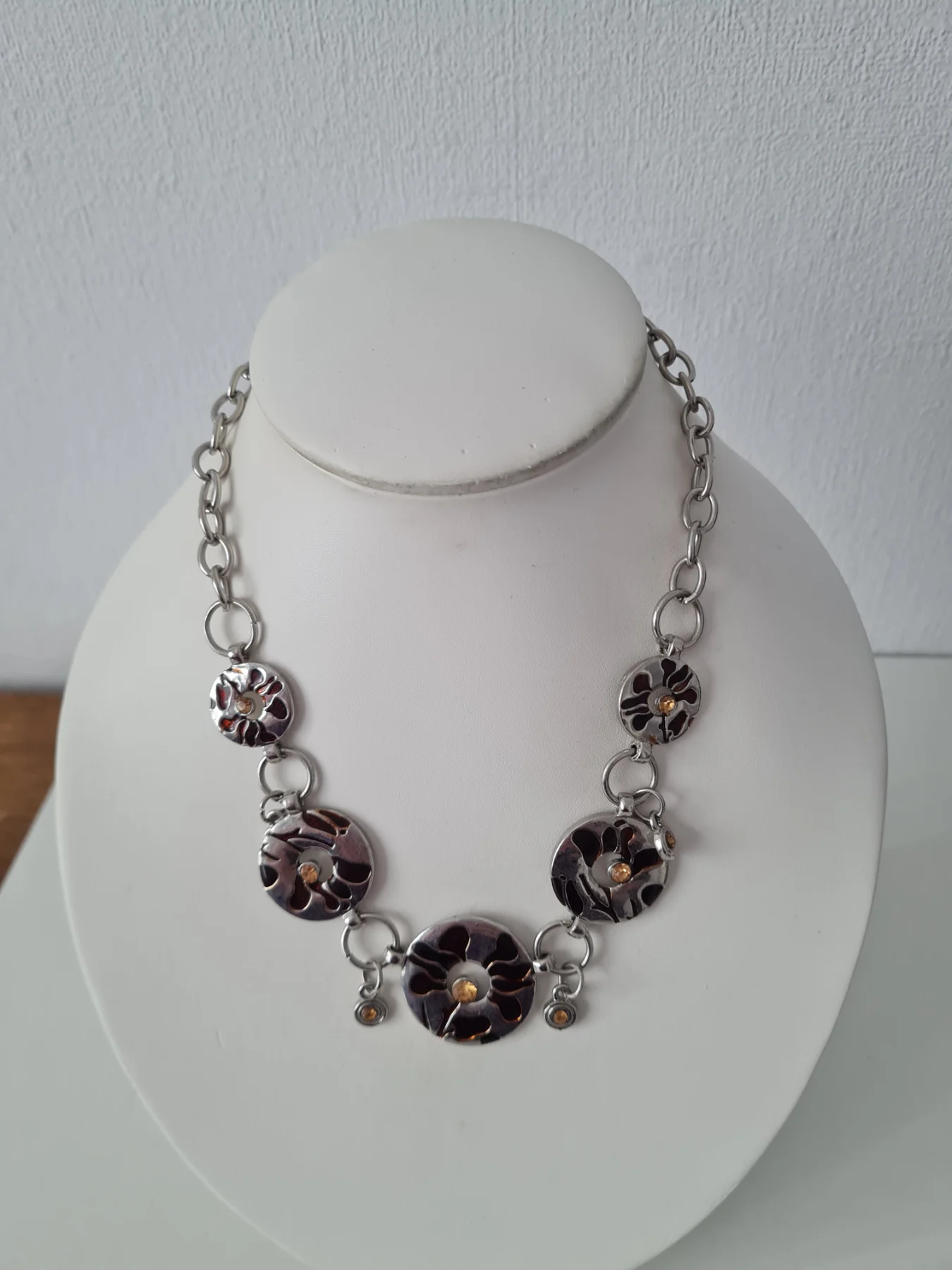 Silver tone Enamel orange rhinestone beaded bib necklace