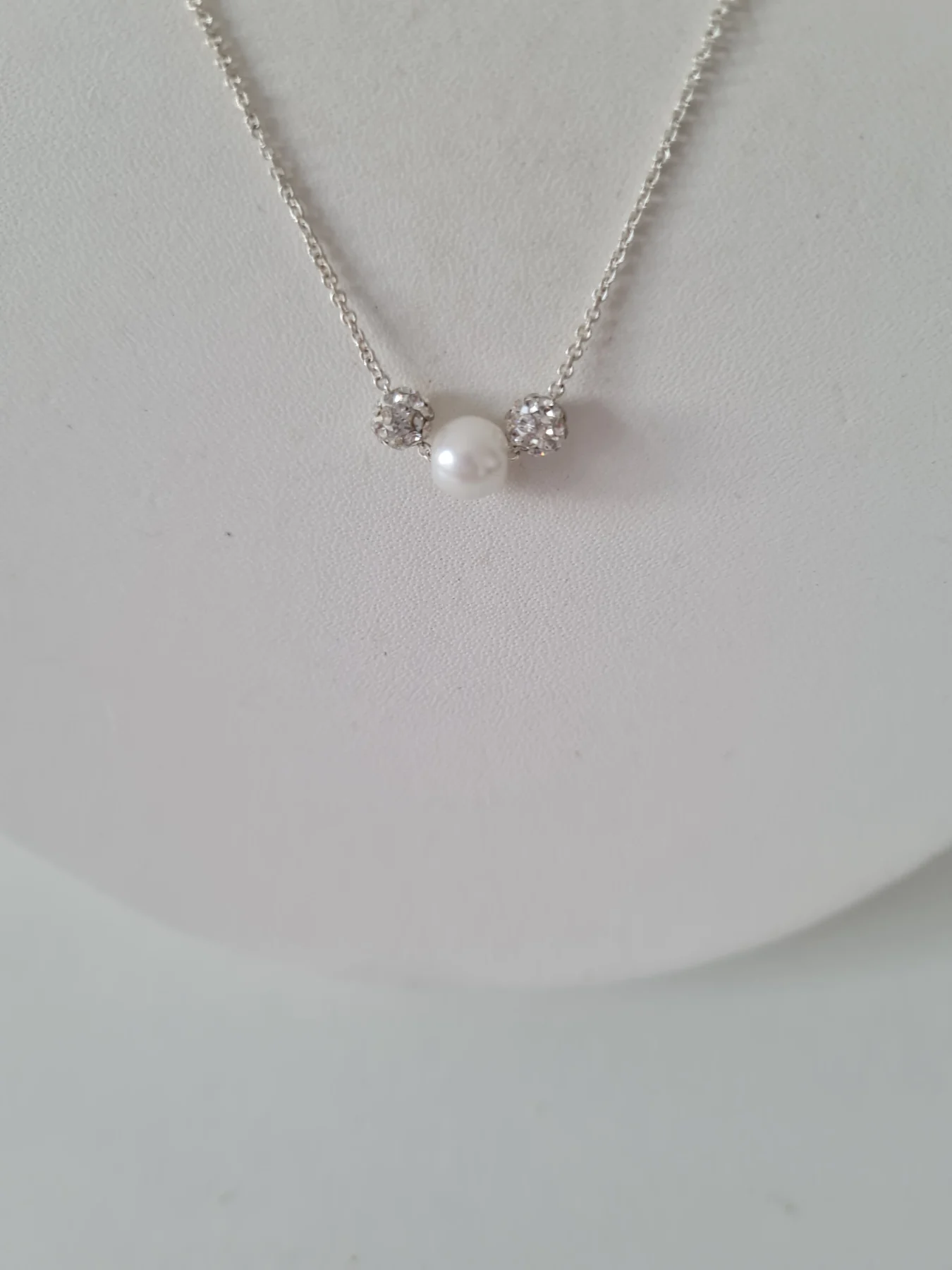 Silver tone Pave set ball faux pearl beaded necklace