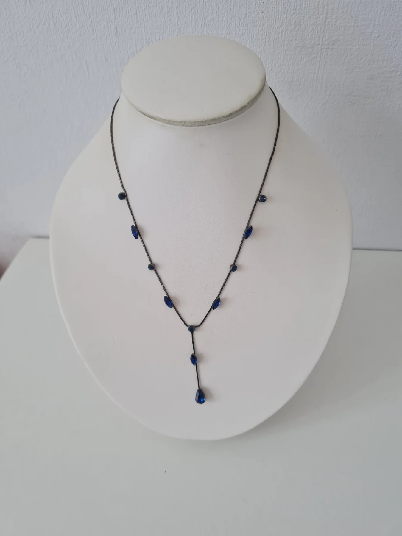 Grey Blue Beaded Lariat Y Drop necklace
