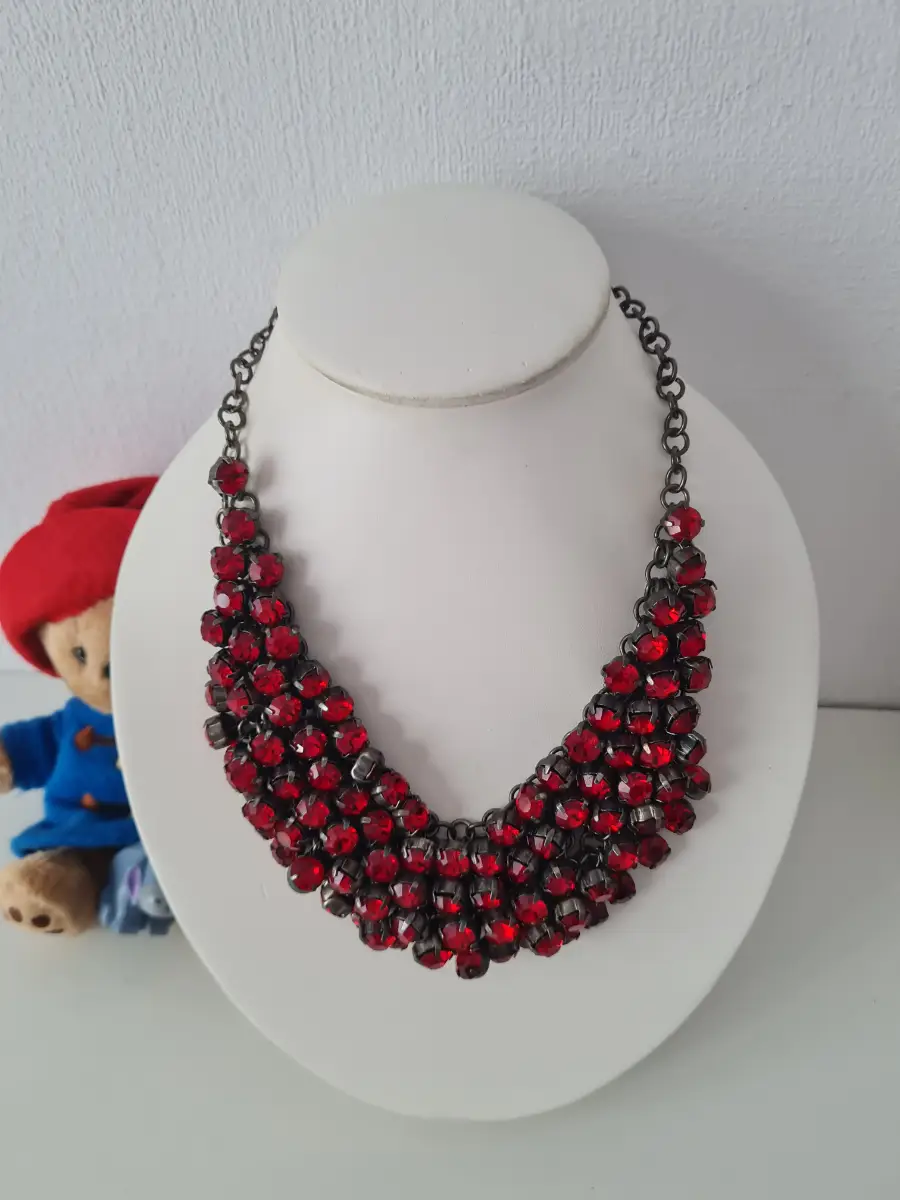 Red Beaded Cluster Bib Necklace