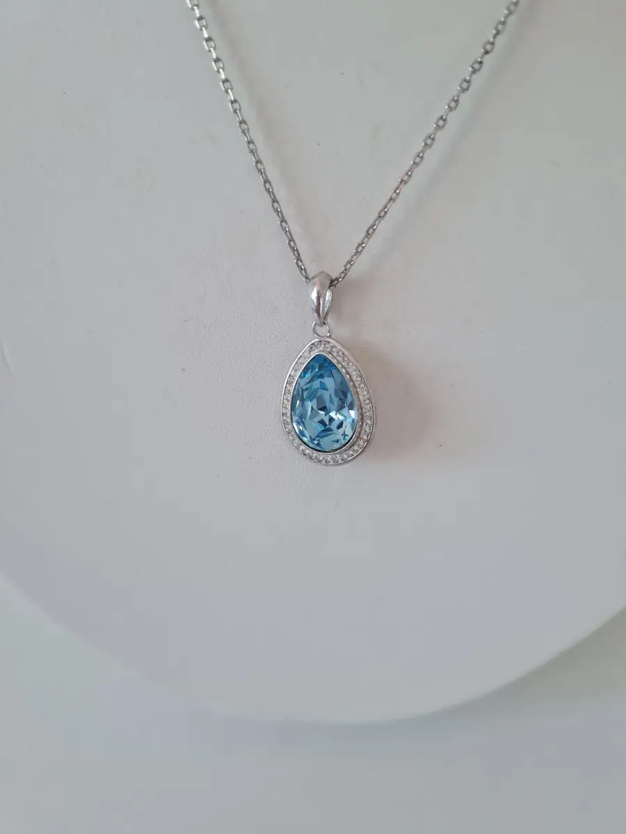 Light Blue clear rhinestone  teardrop pendant necklace