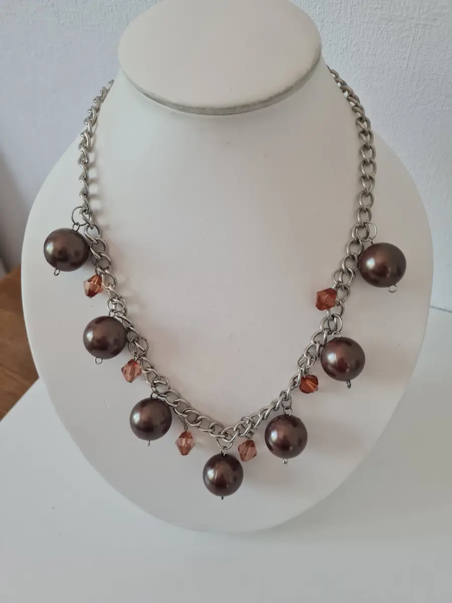 Silver tone Brown Orange beaded necklace