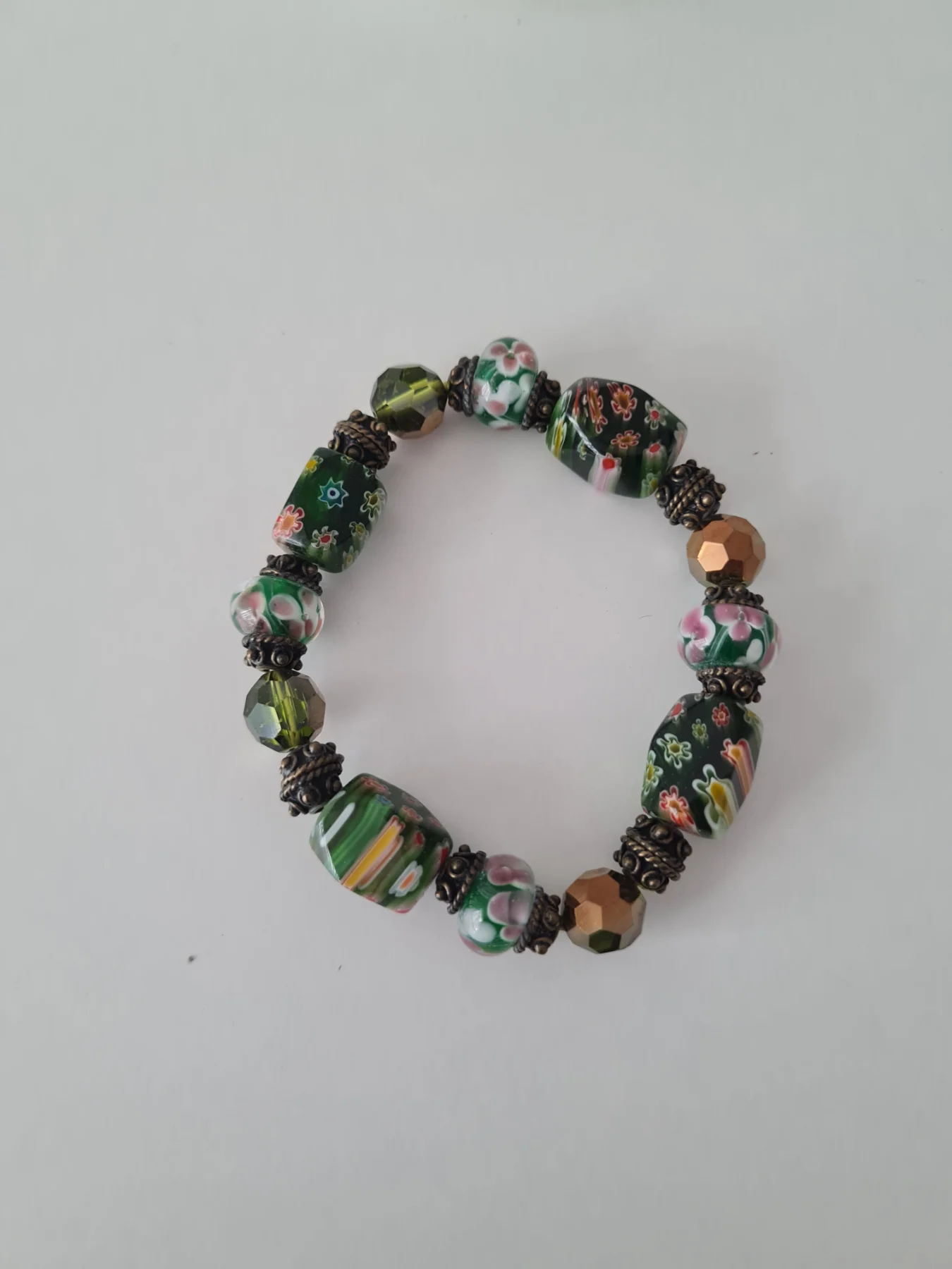 Glass millefiori bronze tone beaded bracelet