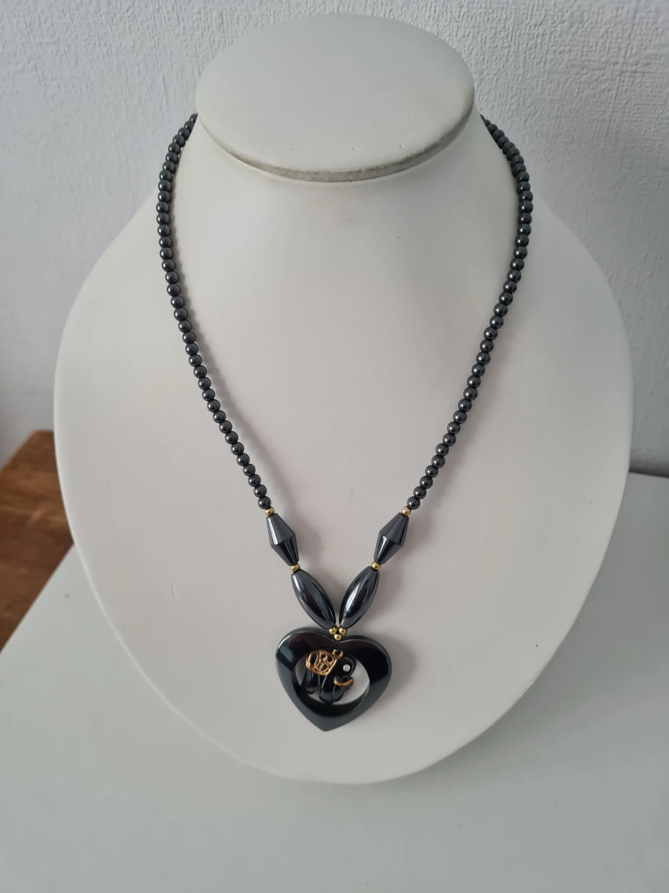 Gold tone Grey Hematite Heart Elephant Pendant necklace