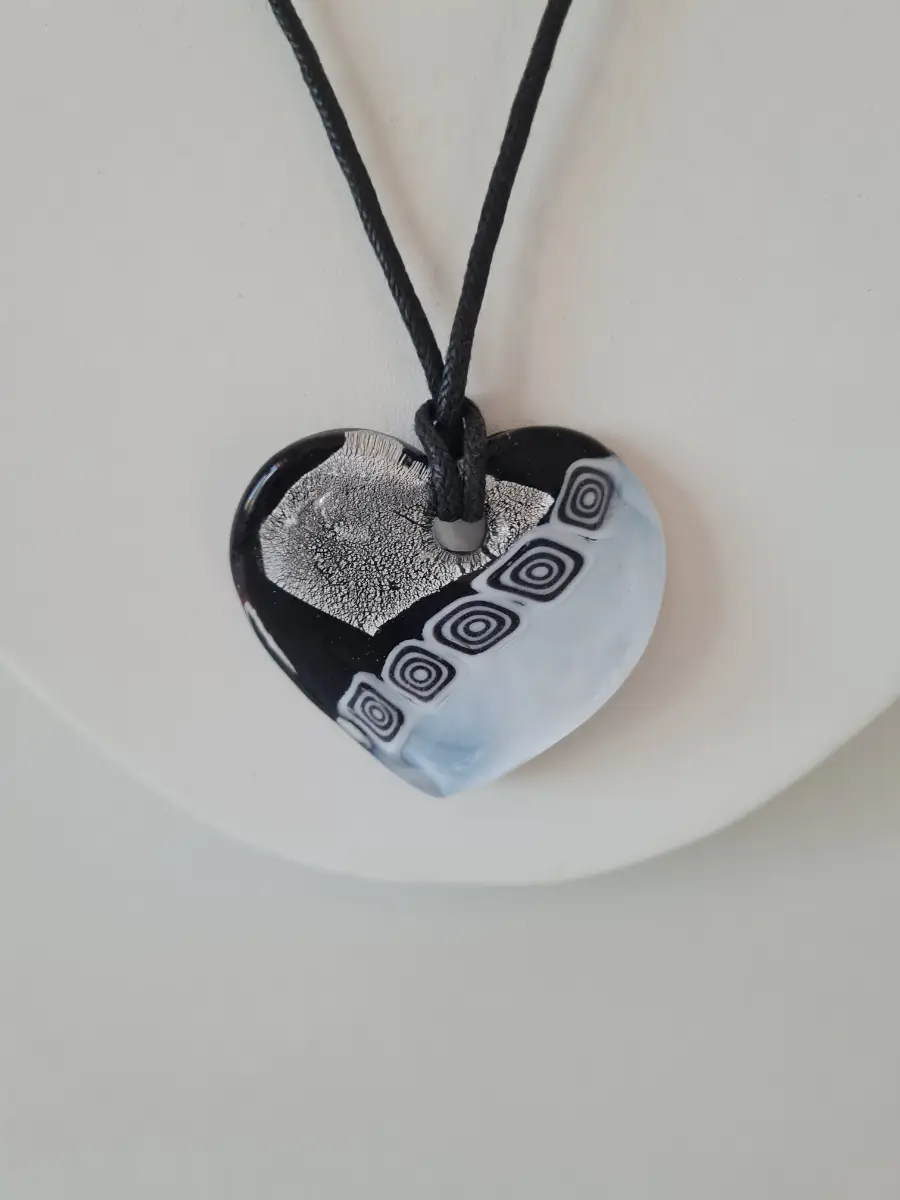 Black White Foil inside heart glass pendant necklace