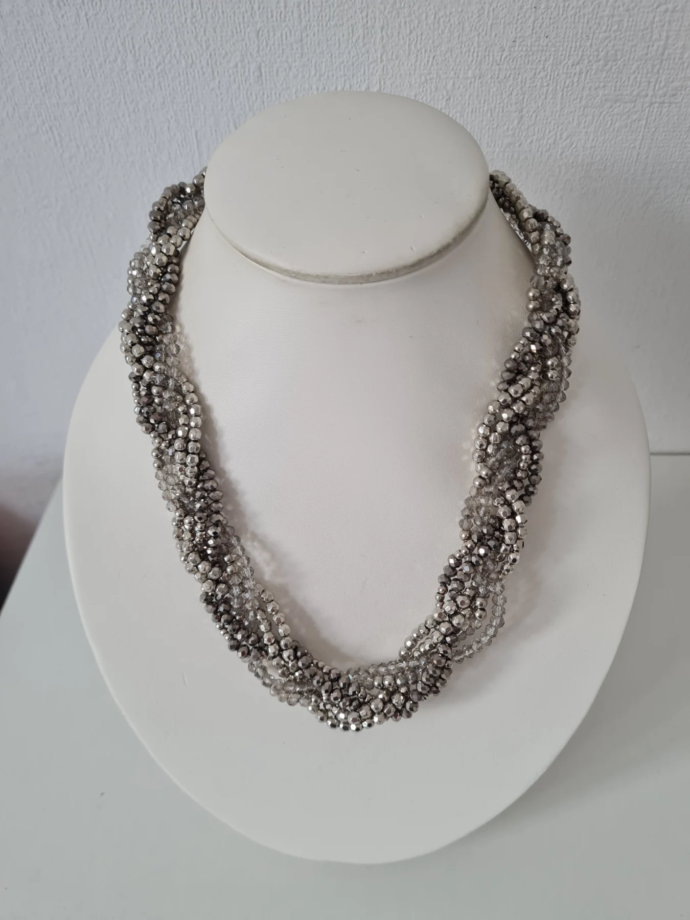 Silver tone grey clear Braided beaded necklace