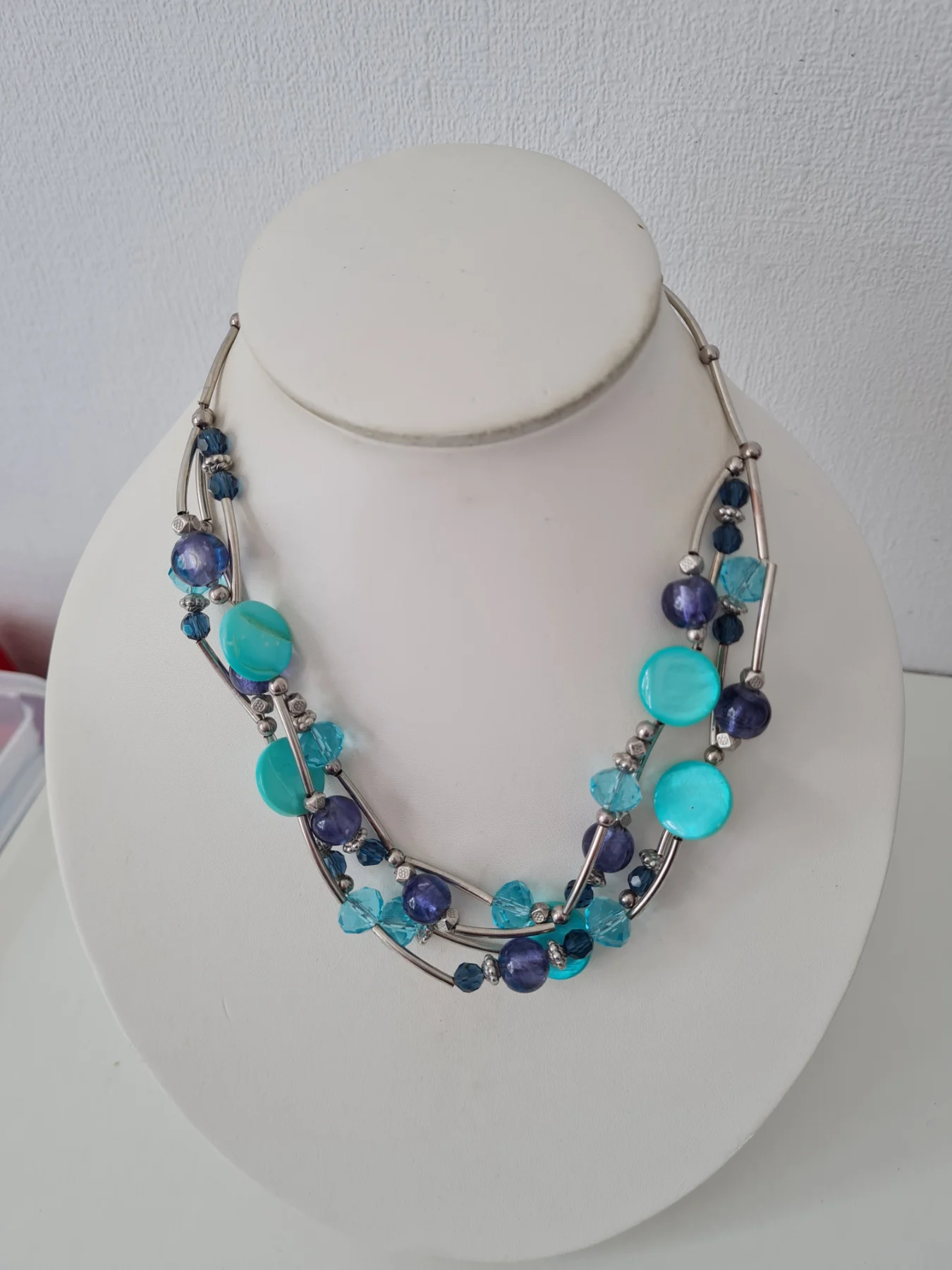 Silver tone blue turquoise beaded layered necklace