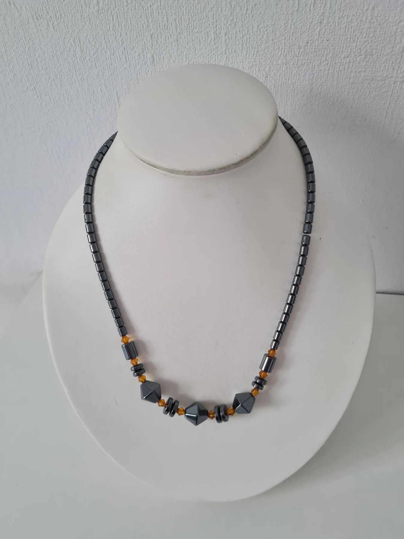 Grey Hematite orange beaded necklace