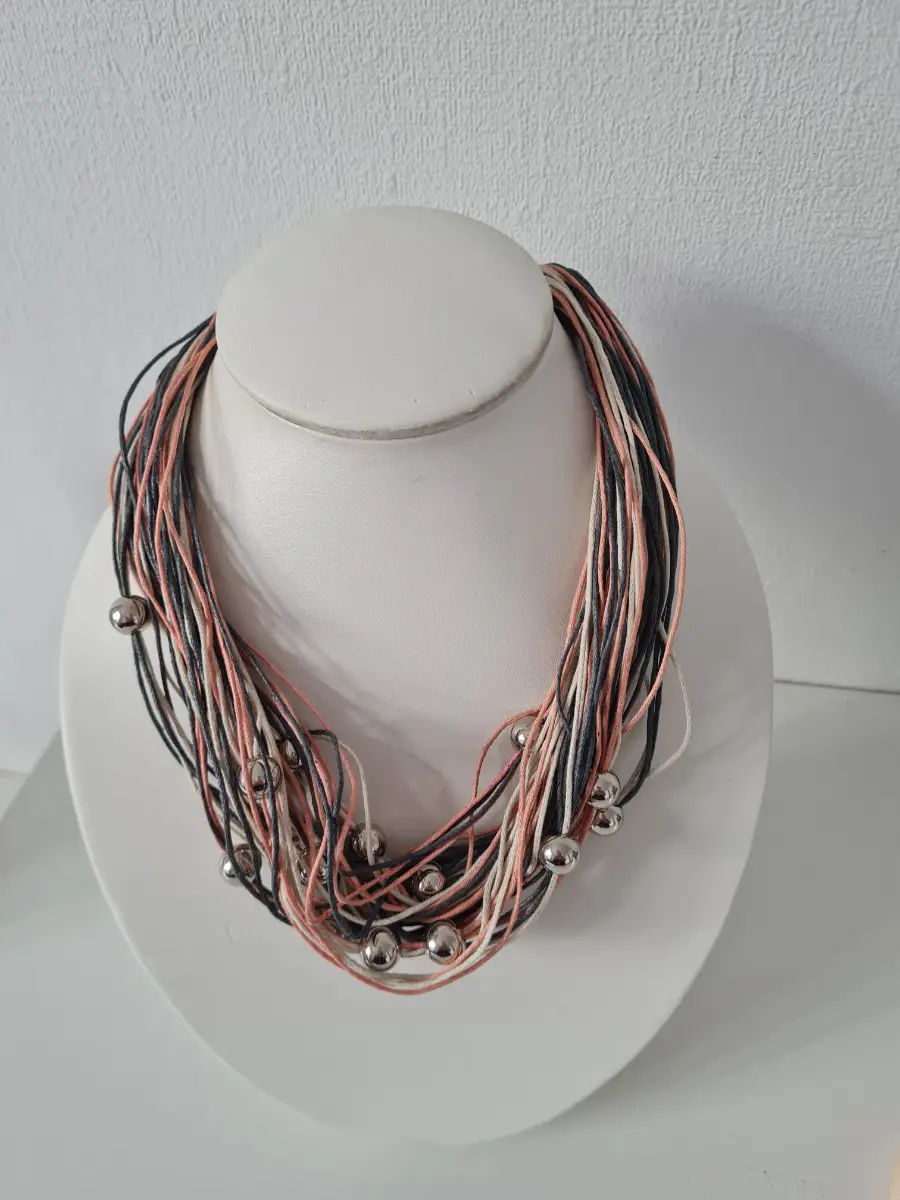 Multicoloured Multi strand corded Silver tone beaded necklace