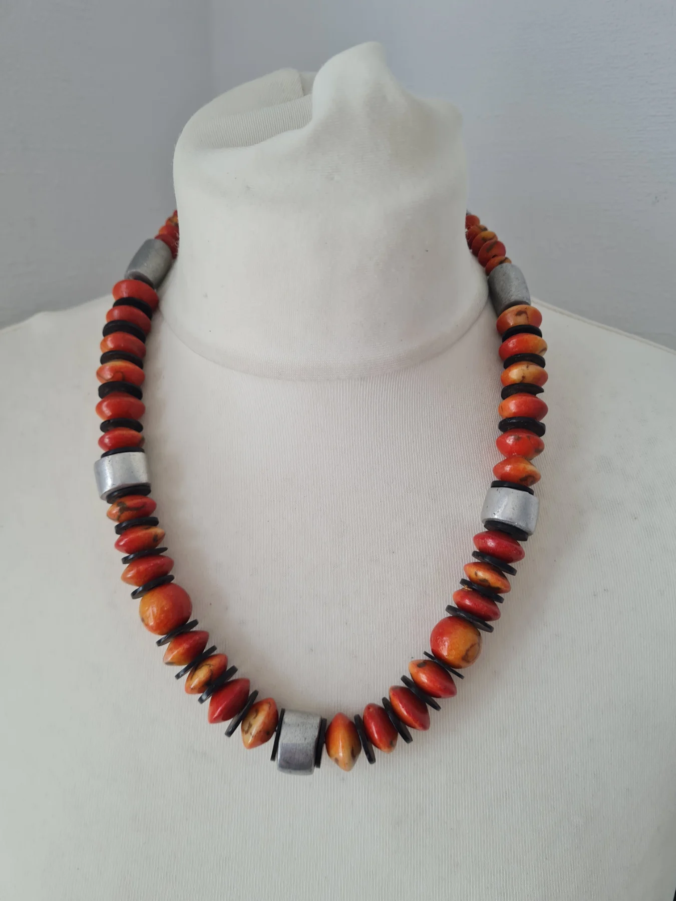 Orange Yellow Black Silver tone beaded necklace