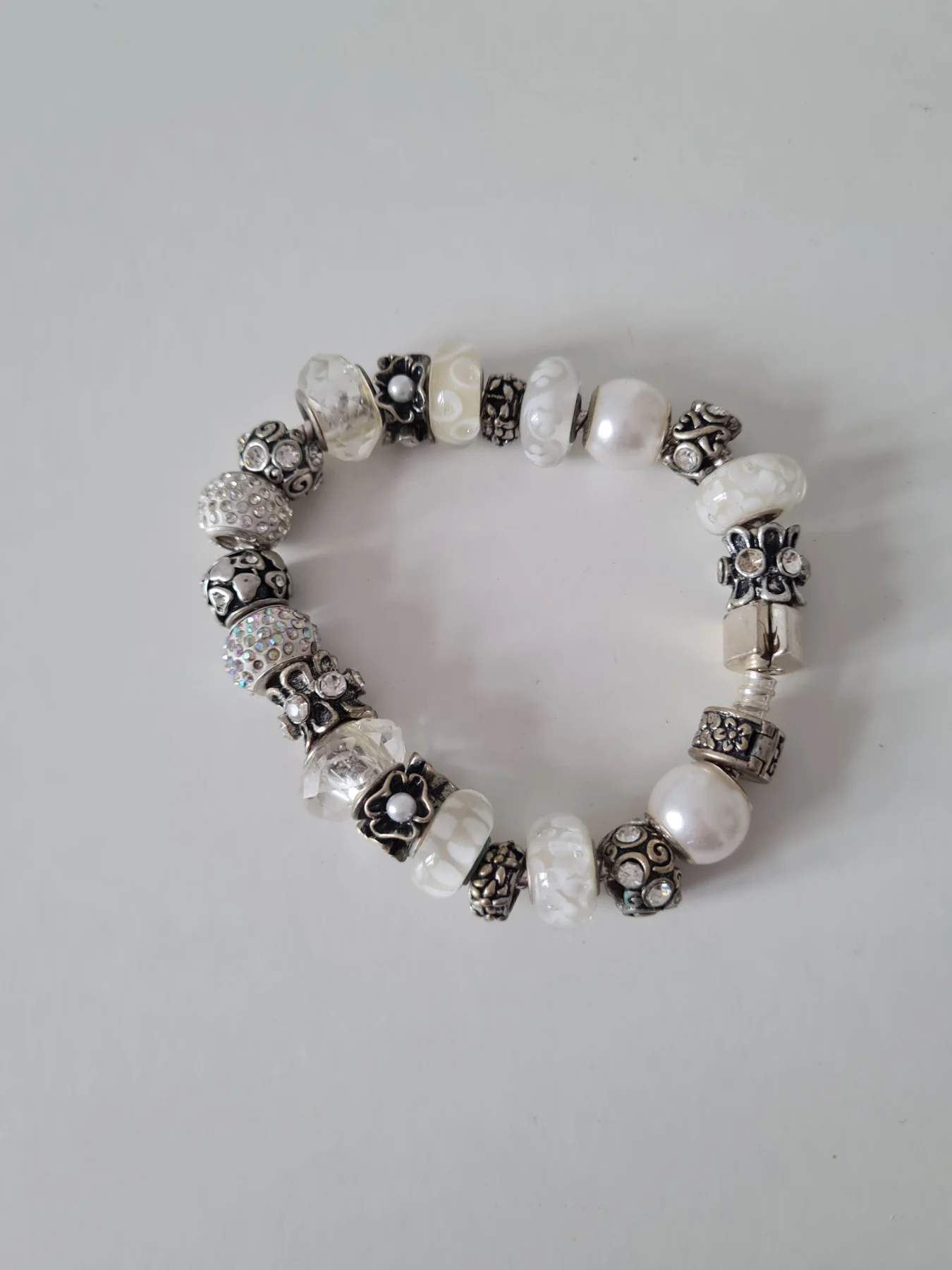 Silver tone White clear beaded bracelet