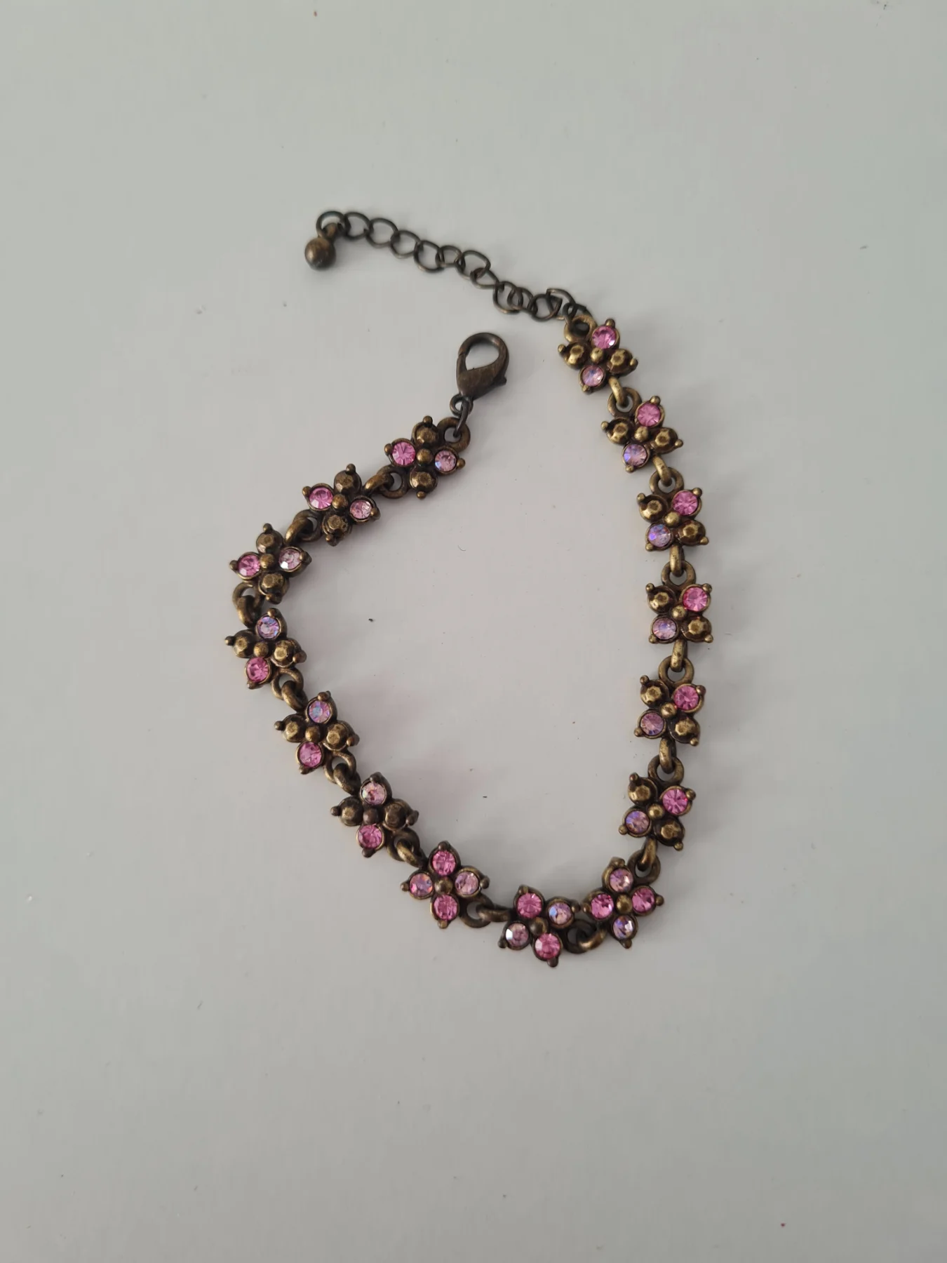 Brass Tone Pink Beaded flower bracelet