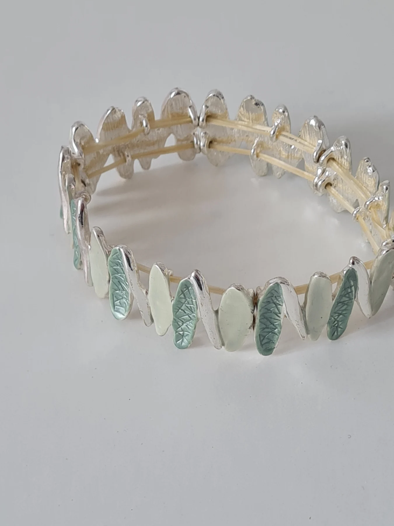 Silver tone green enamel bracelet