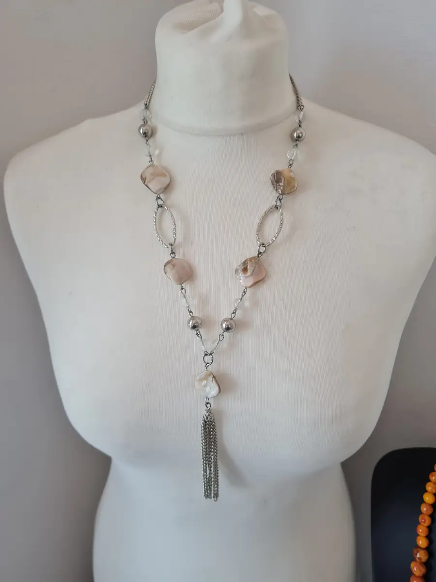Silver tone Natural Shell clear beaded tassel necklace