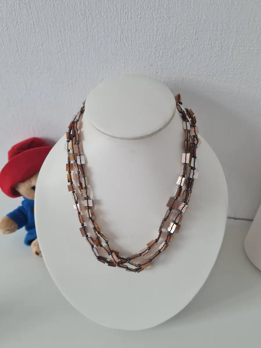 Triple Strand Natural Shell and Grey Beaded Layered necklace