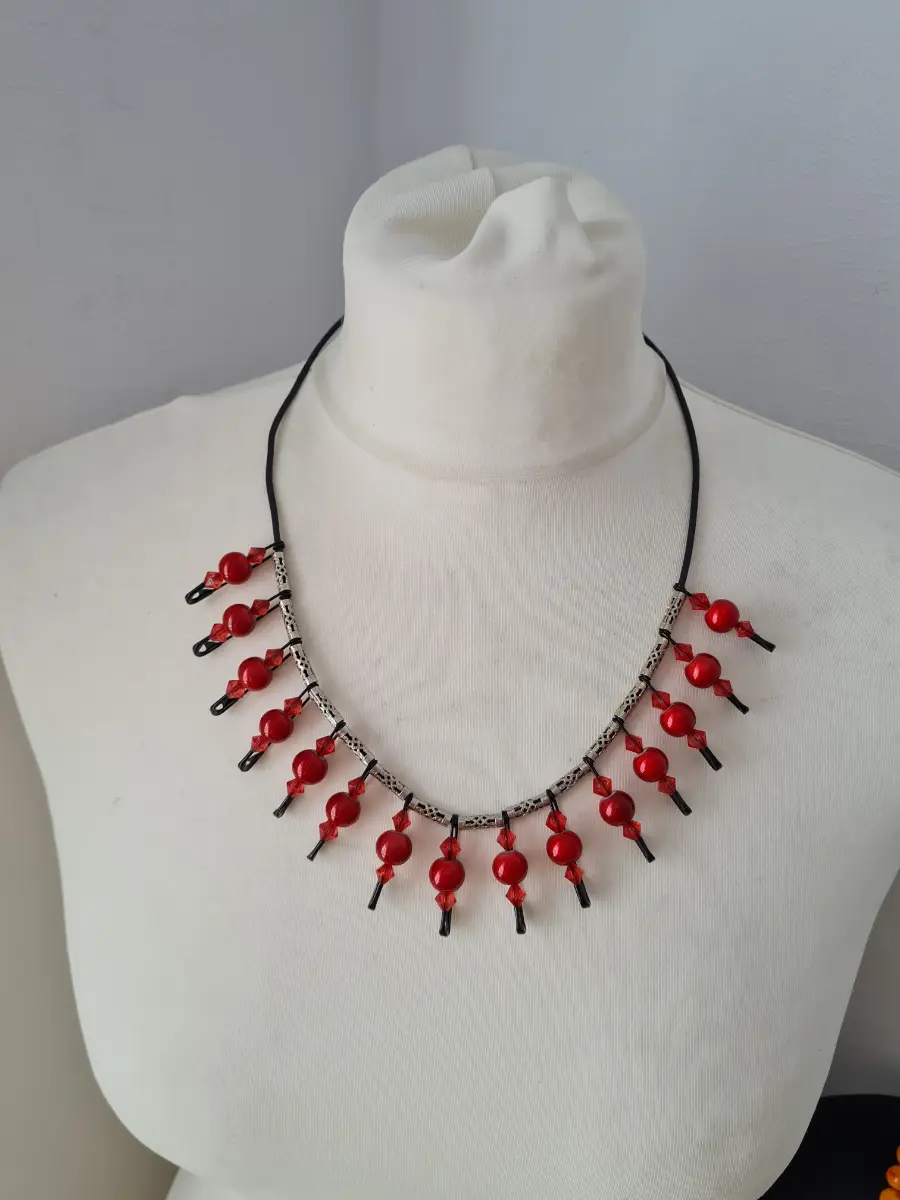 Silver tone Red Beaded corded necklace