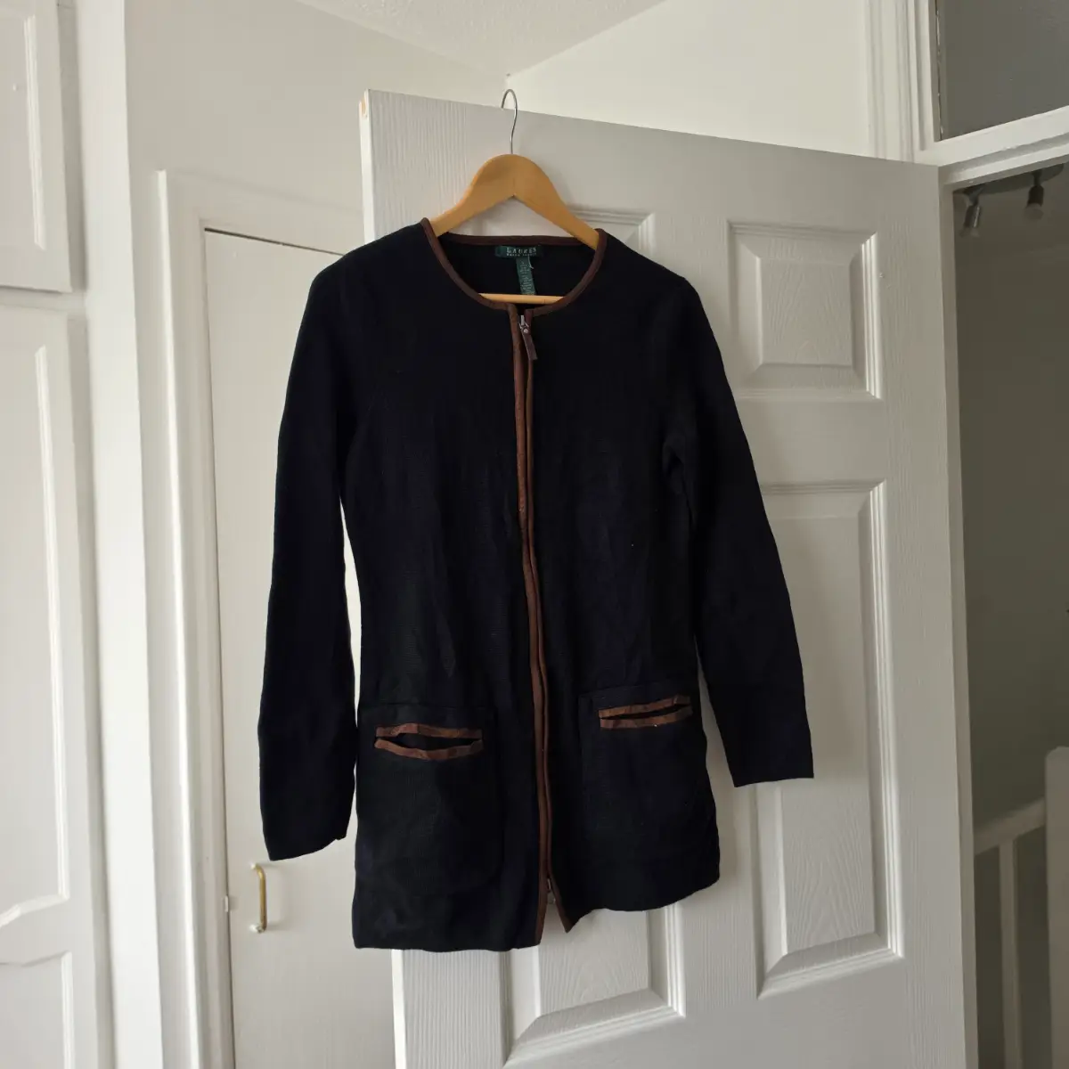 Lauren Ralph Lauren size S full zip jumper cardigan pockets brown trim
