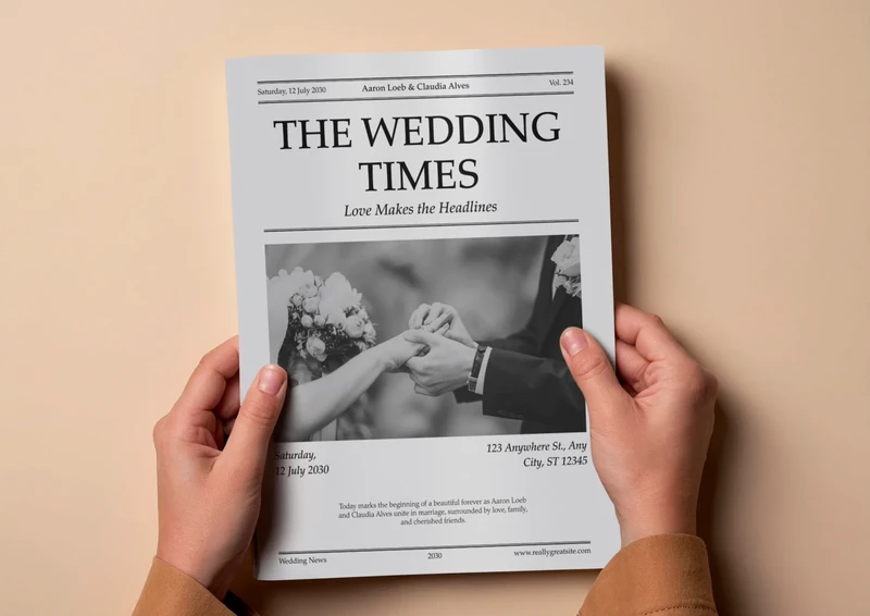 x50 Newspapers - “The Wedding Times” Keepsake Newspaper - Custom Design for Your Big Day