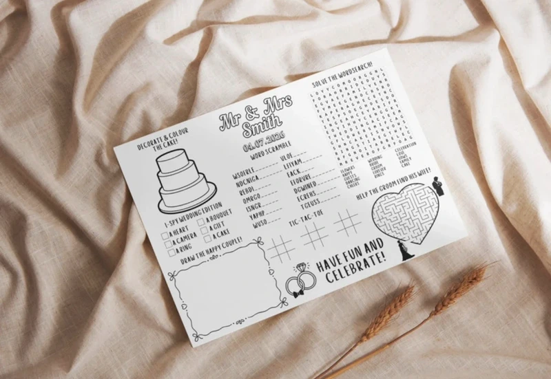 25X A4 Personalised Kids' Wedding Placemats - Fun Activity Sheets - Printed On Card