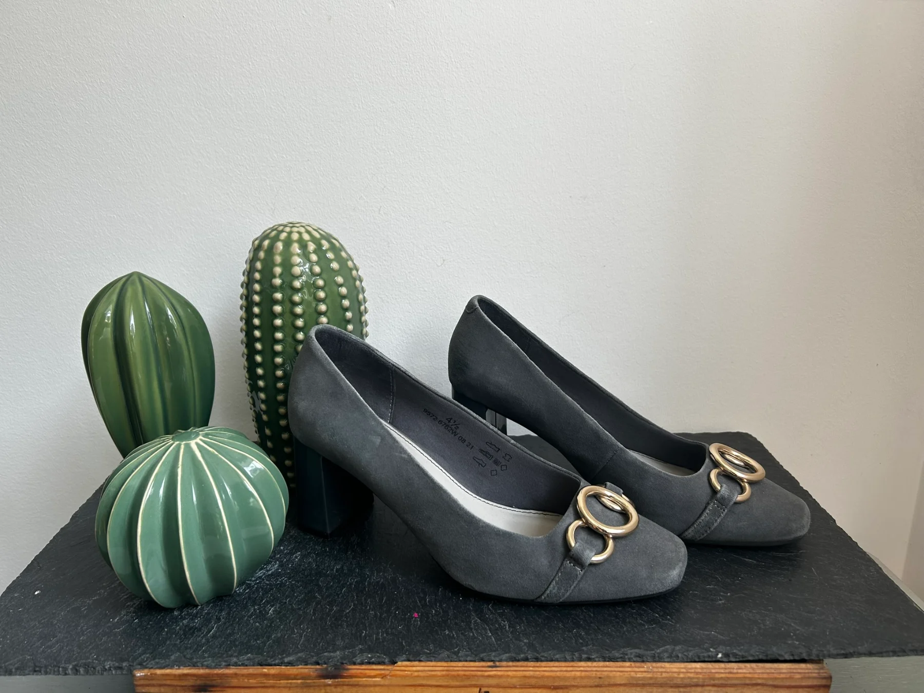 Smart grey suede court shoes with brass detail by M&S, size 4.5 wide fit