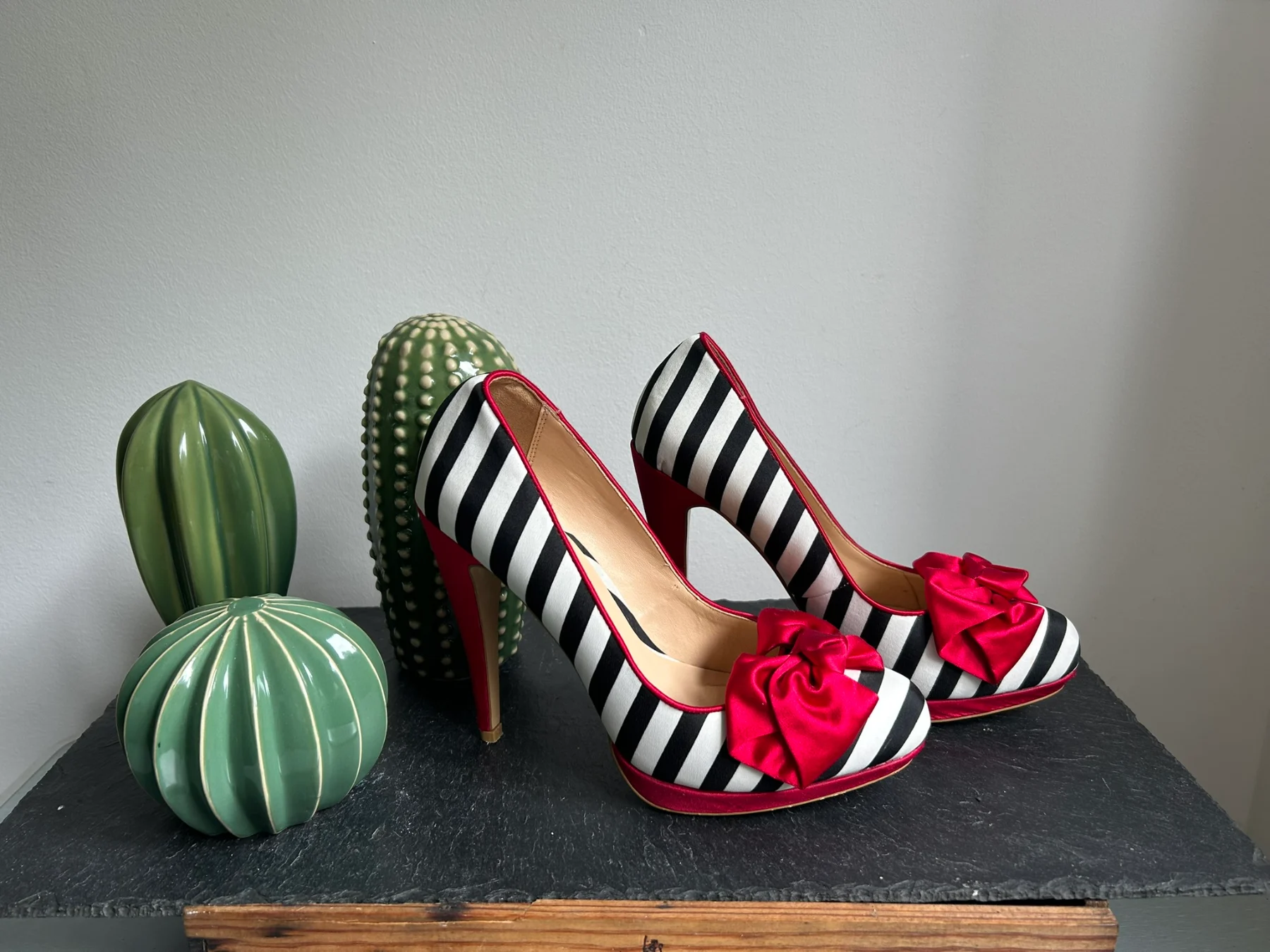 Fabulous black and white striped heels by Dune, size 5 / 38