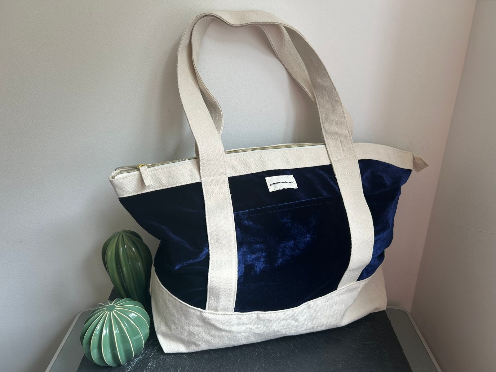 Gorgeous blue velvet and cream canvas tote bag by Nathalie Anderson