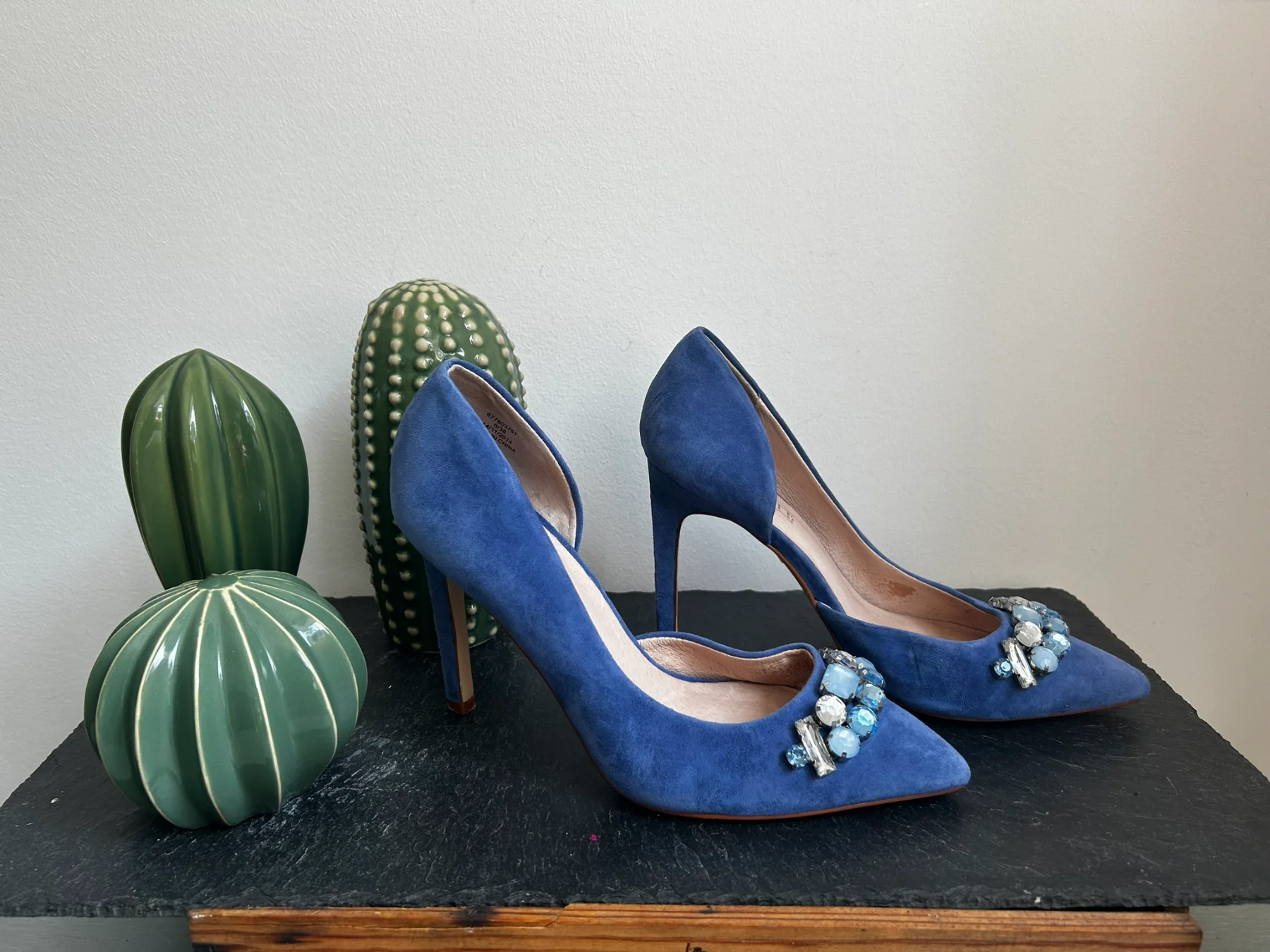 Beautiful powder blue suede jewelled heels by Faith, size 5 / 38