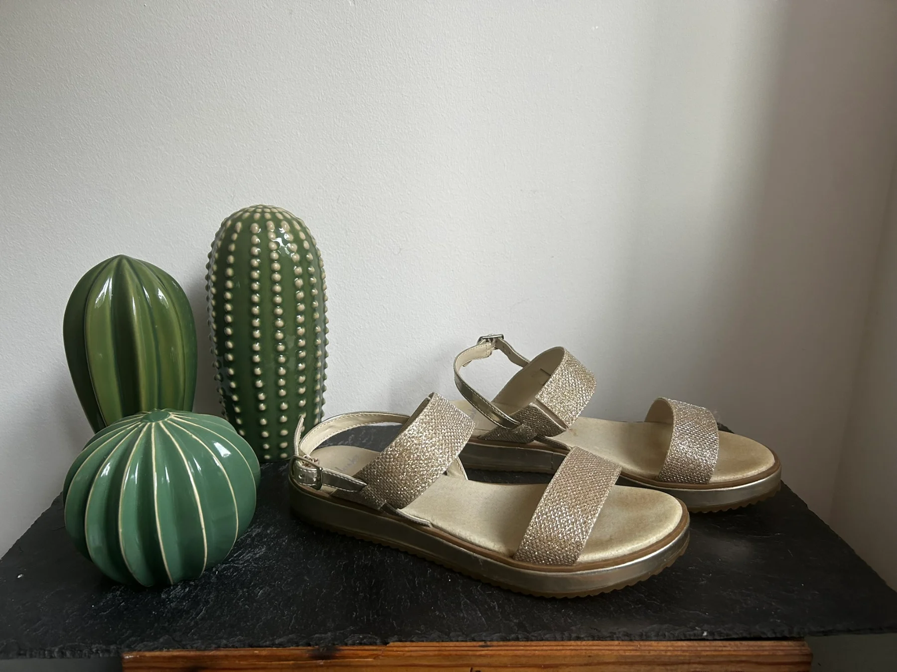 Gorgeous glittery gold flat sandals by Clarks, size 4