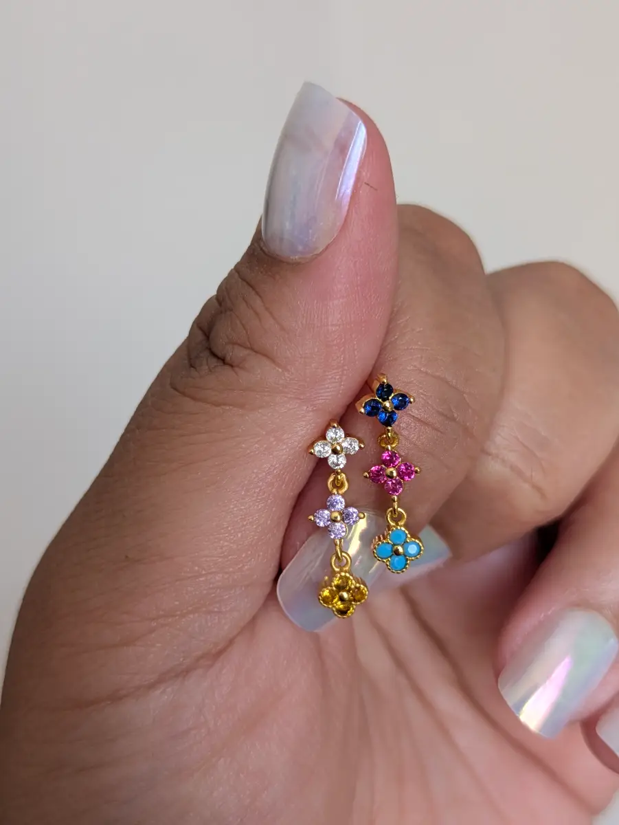 18K Gold Plated Colourful Crystal Flower Earings, Dainty Earings, Drop Earings