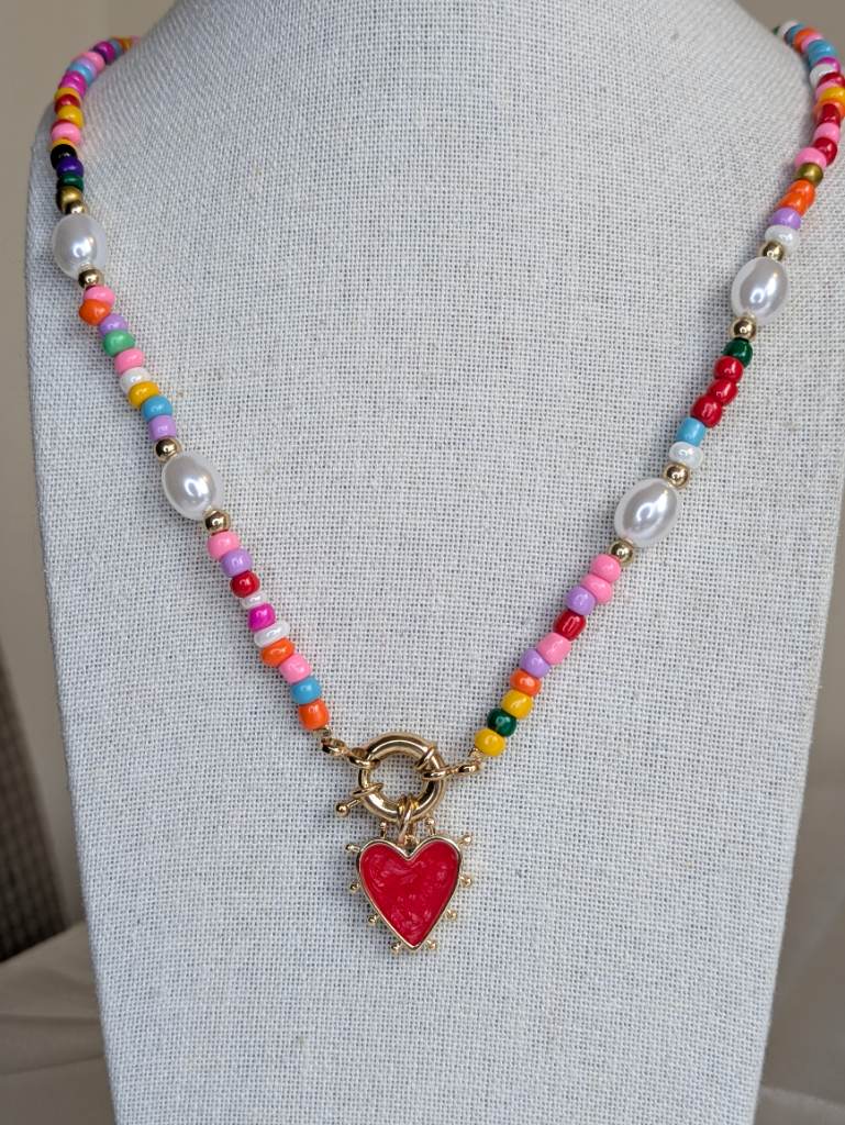 Colourful Beaded Summer Necklace, Heart Pendant, Boho Necklace, Statement Necklace