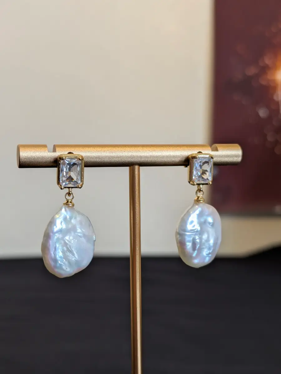 Baroque Freshwater Pearl Earings, CZ Drop Earrings, Statement Jewellery