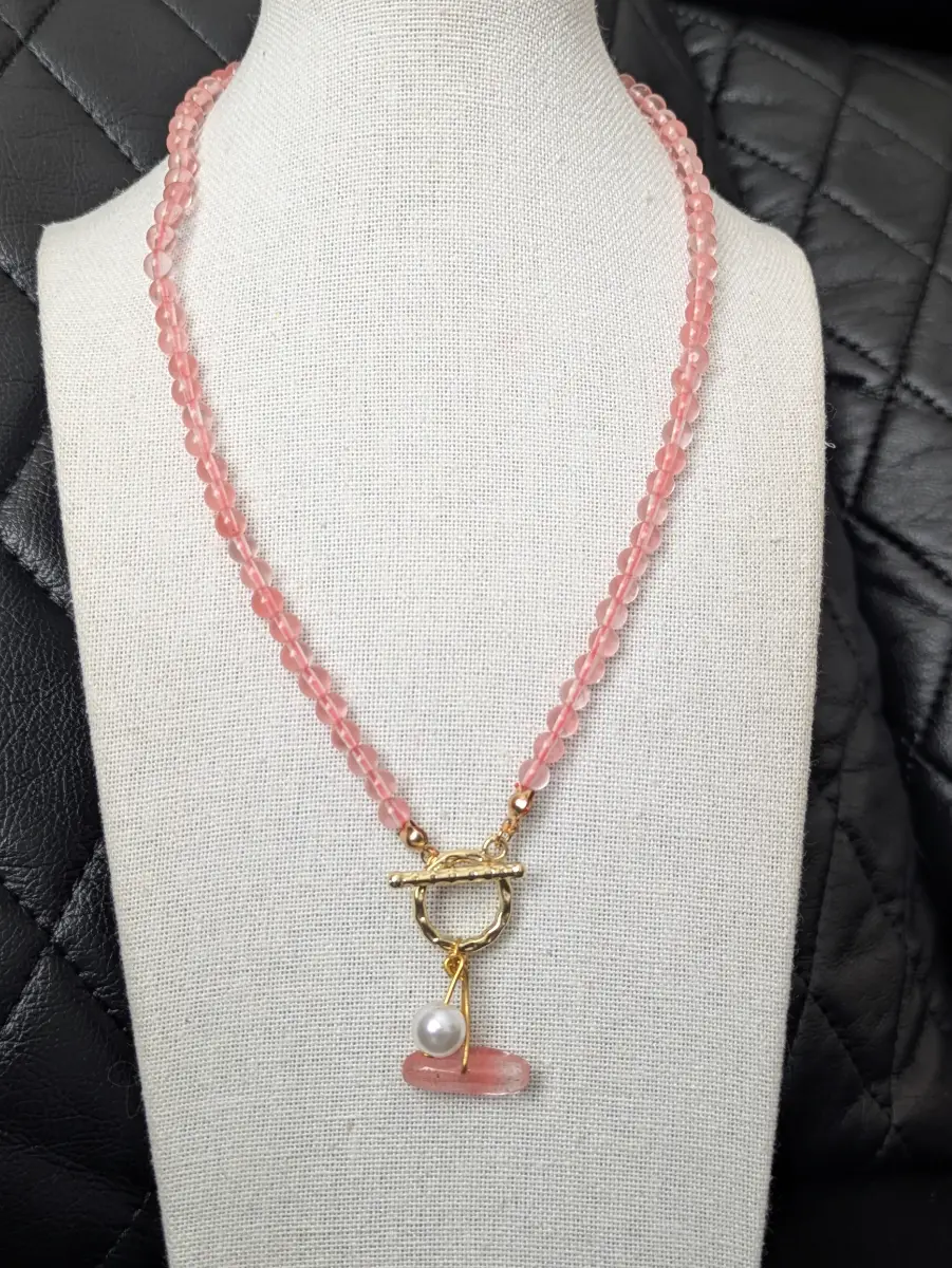 Rose Quartz Necklace, Natural Stone Beaded Necklace, Gold Plated Necklace