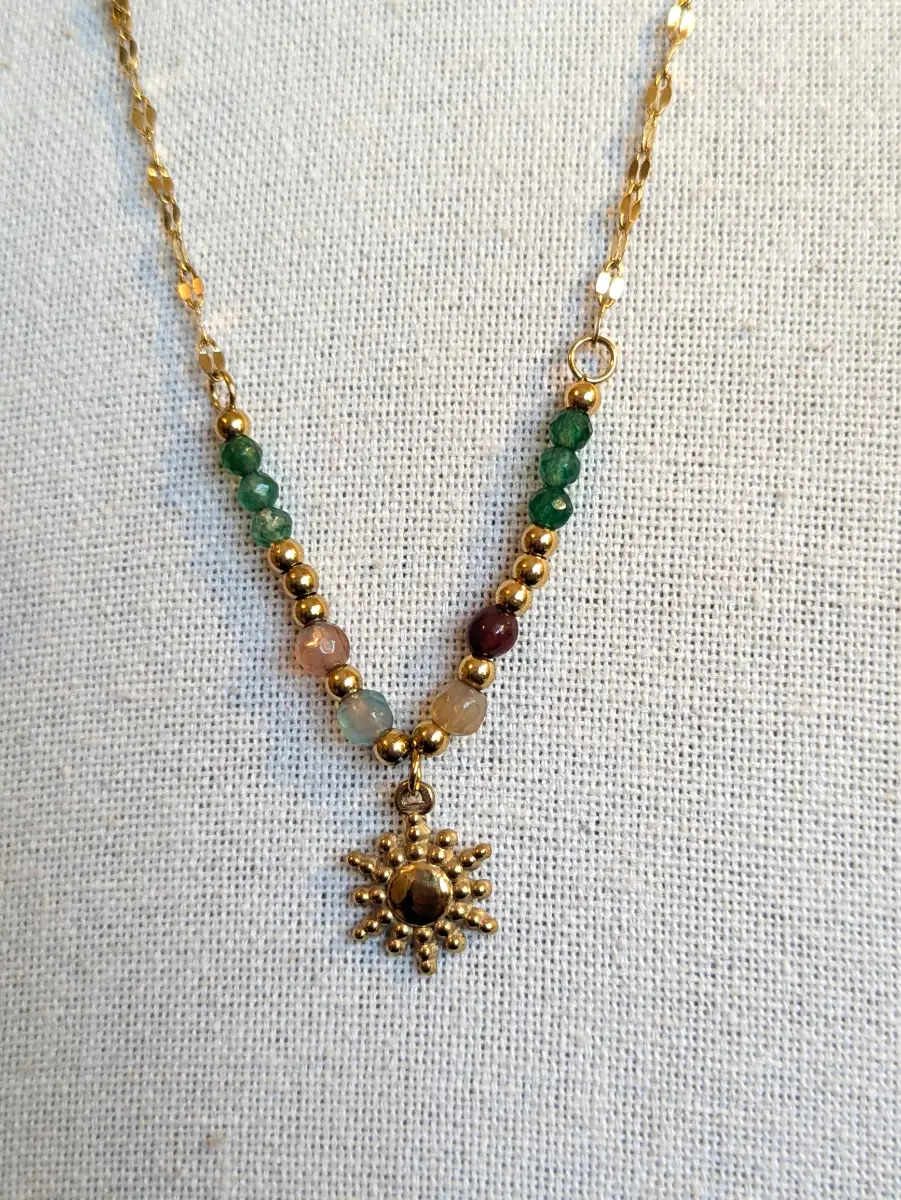 18K Gold Plated Natural Stone Necklace, Sun Pendant, Dainty Jewellery