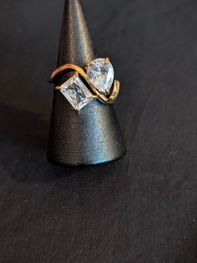 18K Gold Plated Cubic Zirconia Ring, Statement Ring, Crystal Ring, Size 8