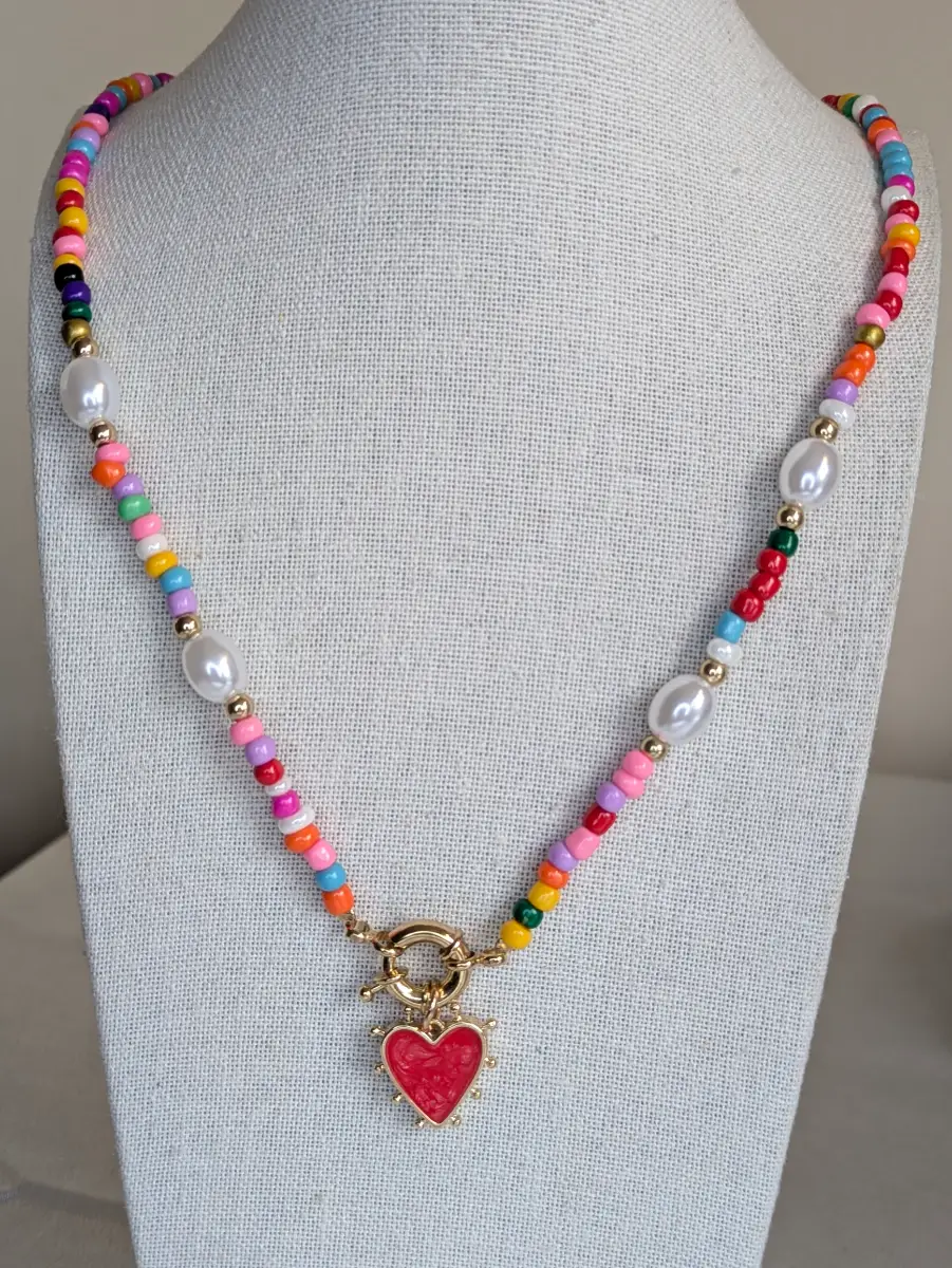 Colourful Beaded Necklace, Funky Boho Necklace, Heart Pendant, Statement Jewellery