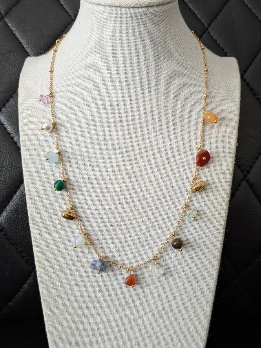 18K Gold Plated Natural Stone Necklace, Charm Necklace, Chain, Gemstone Necklace