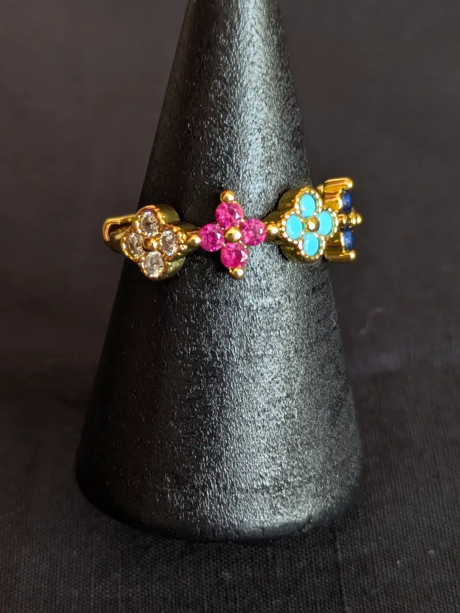 18K Gold Plated Colourful Crystal Ring, CZ Flower Ring, Adjustable Size