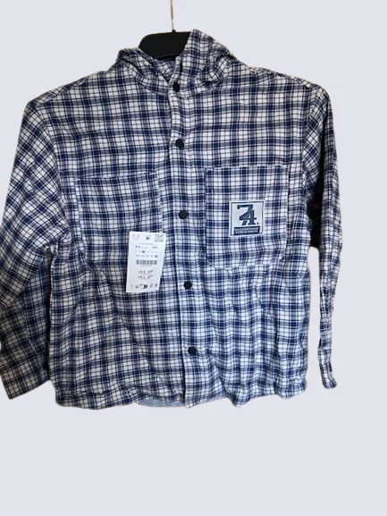 NWT Zara Kids Hooded Plaid Check Shacket - Blue & White (Size 5-6 Yrs / 116 cm)